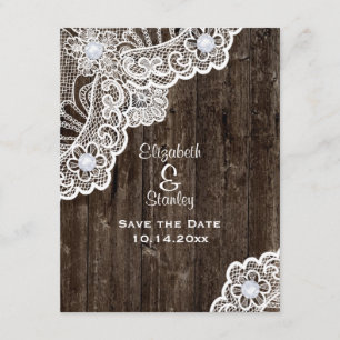 Vintage weiße Spitze, alte Holzhochzeit Save the D Save The Date