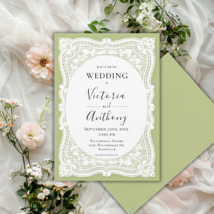 Vintage weiße Spitzen Grüne Rustikale Hochzeit Einladung