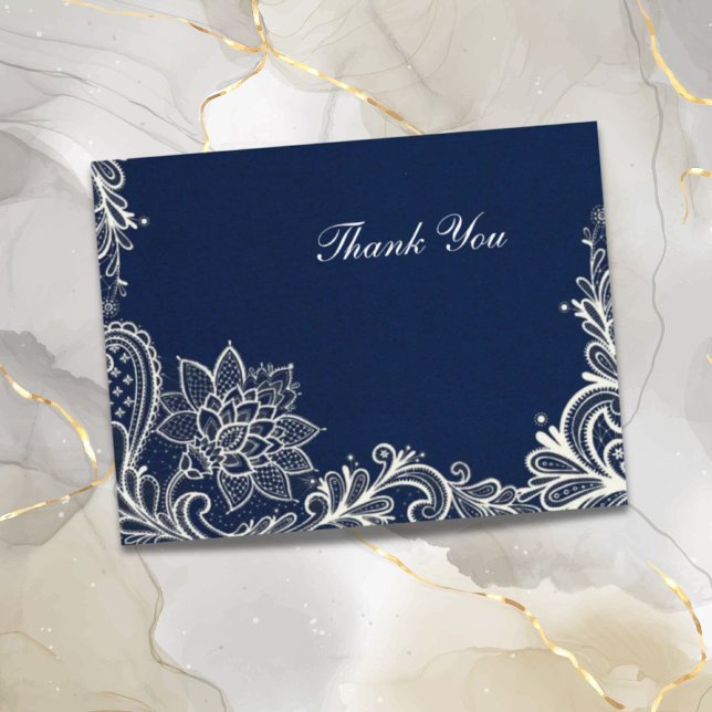 Vintage weiße Spitzen Marineblau Hochzeit danke Postkarte (vintage white lace navy blue wedding thank you postcard)