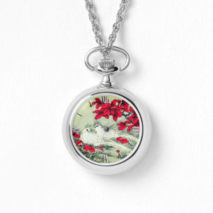 Vintage weiße Tauben und rote Blätter auf Grau Armbanduhr