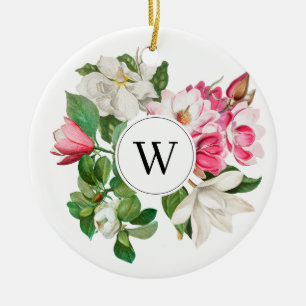 Vintage Weiße und Rosa Magnolienblüten Monogramm Keramik Ornament