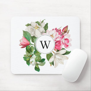Vintage Weiße und Rosa Magnolienblüten Monogramm Mousepad