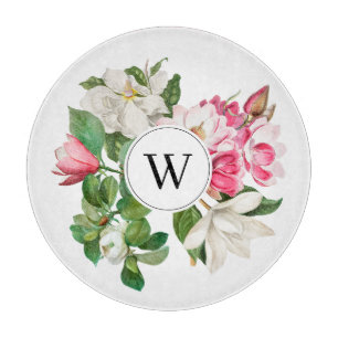 Vintage Weiße und Rosa Magnolienblüten Monogramm Schneidebrett