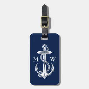 Vintage Weißer Anker Seil auf Navy Blauem Hintergr Gepäckanhänger