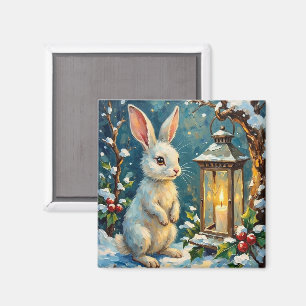 Vintage Weißer Hase mit Weihnachtslaterne Magnet