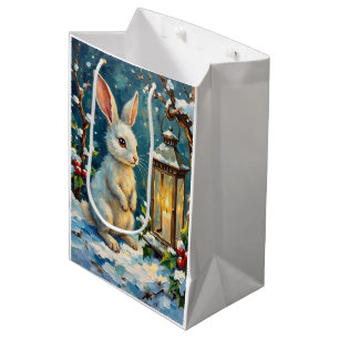 Vintage Weißer Hase mit Weihnachtslaterne Mittlere Geschenktüte
