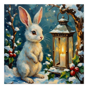 Vintage Weißer Hase mit Weihnachtslaterne Poster
