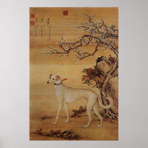 Vintage Weißer Windhund unter Blüten Poster