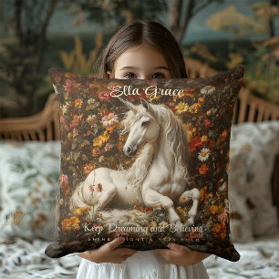 Vintage Weißes Einhorn Florale Fantasy Kunst Märch Kissen