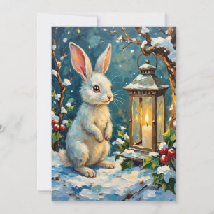 Vintage Weißes Kaninchen mit Weihnachtslaterne Feiertagskarte