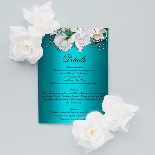 Vintage Weißrosen und Aqua Wedding Details Begleitkarte (Von Creator hochgeladen)