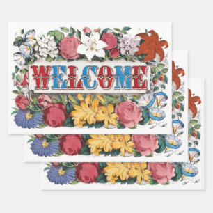 Vintage WELCOME Blumen Einweihungsparty Geschenkpapier Set