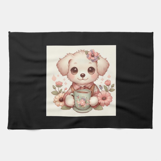 Vintage Welpe mit Blumenkohl Geschirrtuch (Horizontal)