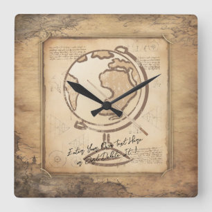 Vintage Welt. Geschenk für Geografie und Geschicht Quadratische Wanduhr