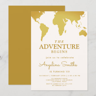 Vintage-Welt-Reisekarte-Abenteuer-Gold-Geburtstag Einladung