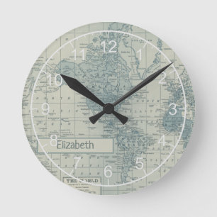 Vintage Weltkarte - Eigener Name anpassbar Runde Wanduhr