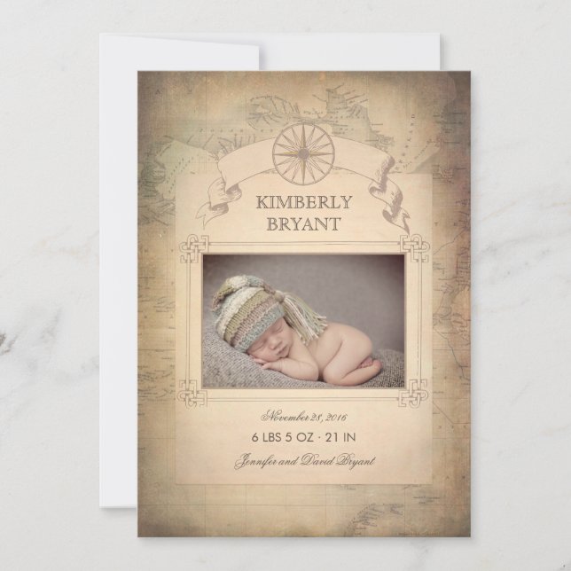 Vintage Weltkarte Foto Geburtserklärung des Kindes Ankündigung (Vorderseite)