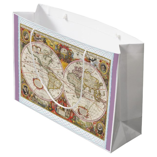 Vintage Weltkarte Große Geschenktüte (Rückseite Schrägansicht)