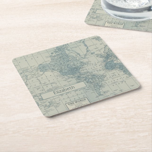 Vintage Weltkarte Ihren eigenen Namen anpassen Rechteckiger Pappuntersetzer (angewinkelt)