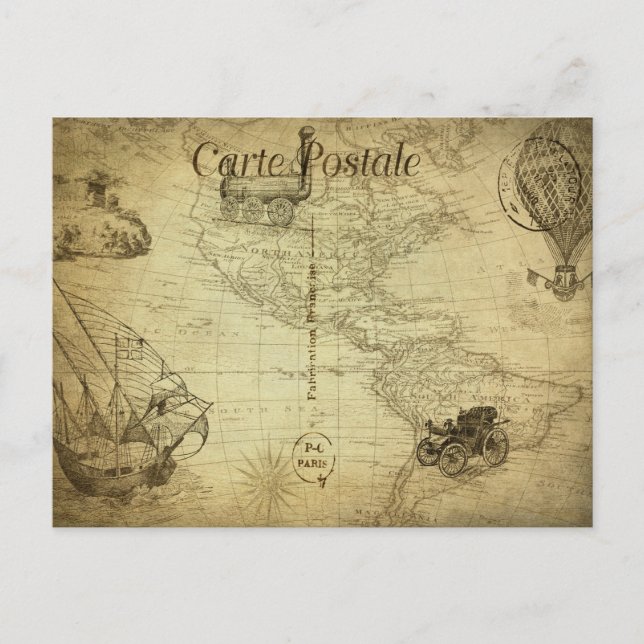 Vintage Weltkarte mit Verkehr Französisch Postkarte (Vorderseite)