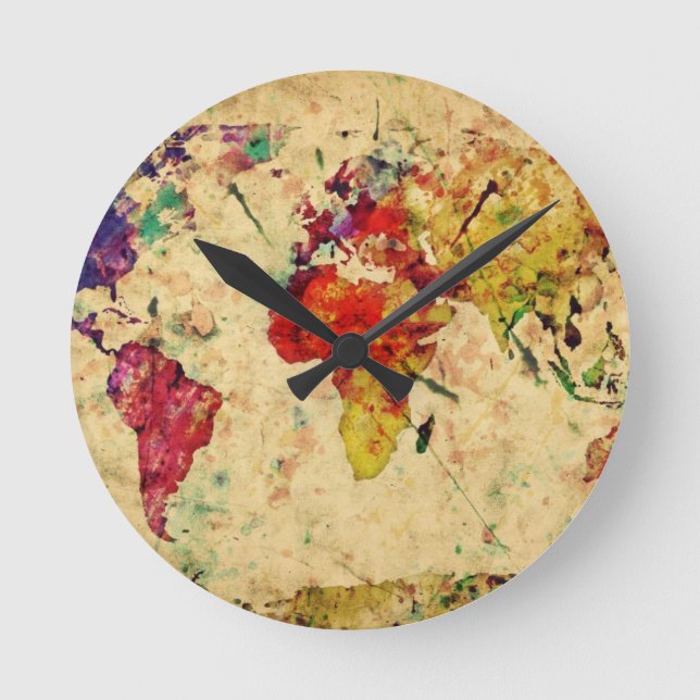 Vintage Weltkarte Runde Wanduhr (Vorderseite)