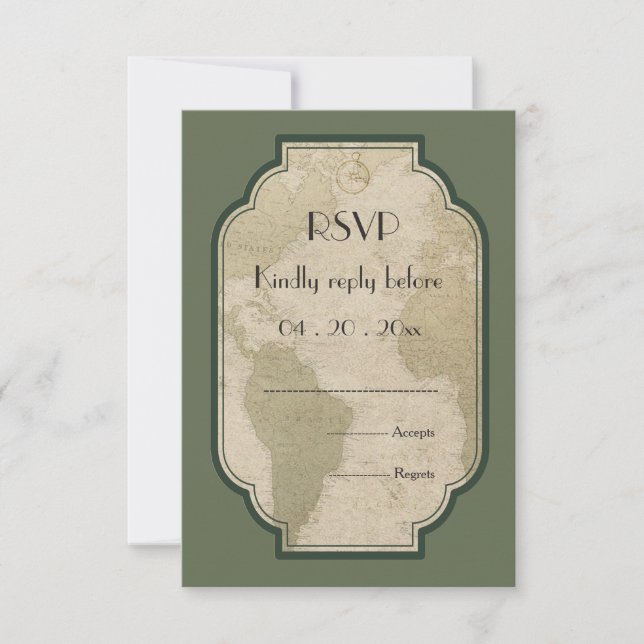Vintage Weltkarte thematische Hochzeit RSVP (Vorderseite)