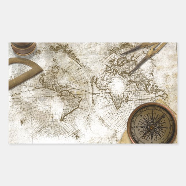 Vintage Weltkarte und Tools Rechteckiger Aufkleber (Vorderseite)