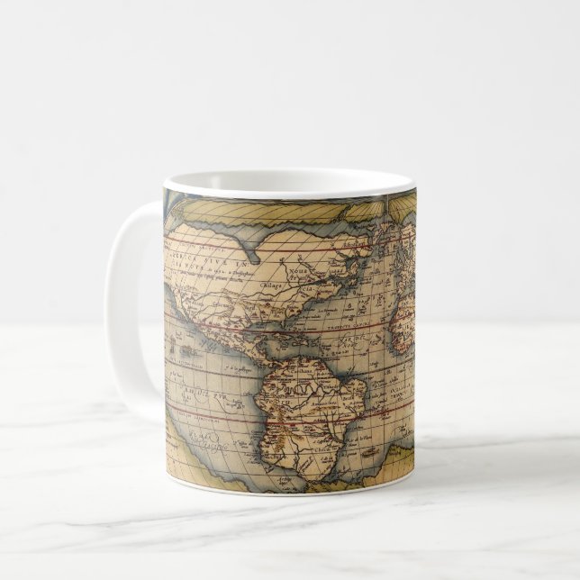 Vintage Weltkarte von Abraham Ortelius 1564 Kaffeetasse (Vorderseite Links)