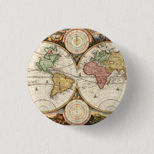 Vintage Weltkarte Zwei Hemisphären, selten antike Button
