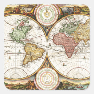 Vintage Weltkarte Zwei Hemisphären, selten antike  Quadratischer Aufkleber