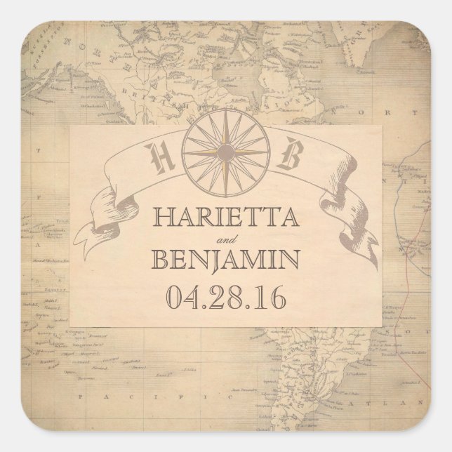 Vintage Weltkarten-Adventure und Reisen-Hochzeit Quadratischer Aufkleber (Vorderseite)