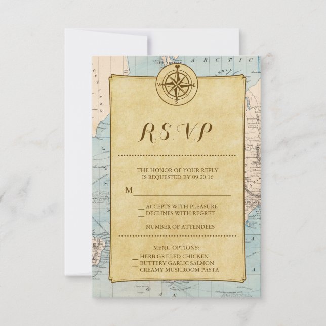 Vintage Weltreise Map Wedding RSVP Karte (Vorderseite)
