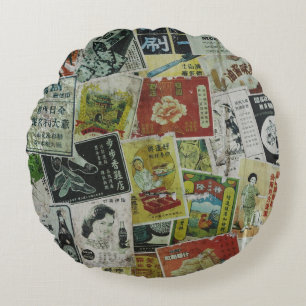 Vintage-Werbeblatt an einer Wand in Hongkong. Rundes Kissen