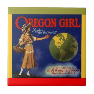 Vintage-Werbeetikett für Oregon Girl Apples Holzki Fliese
