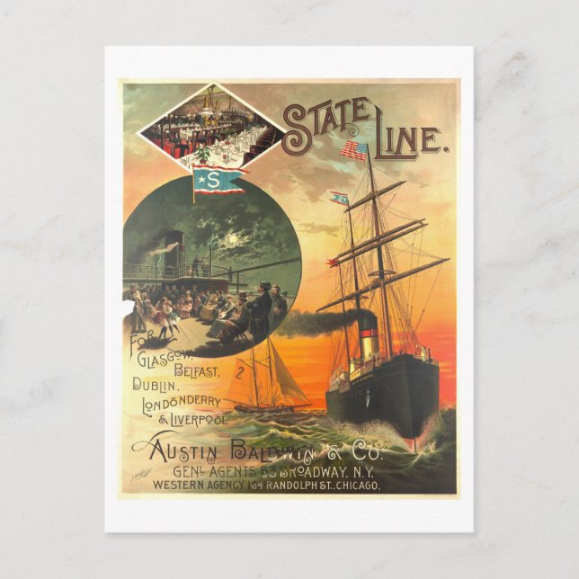 Vintage Werbung für Staat Line Ship Postkarte (Vorderseite)