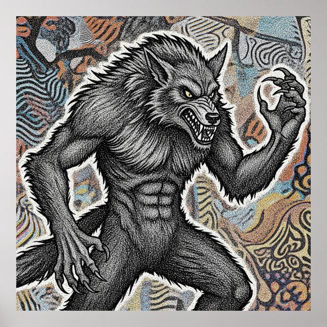 Vintage Werewolf Illustration Fierce Gothic Wolf Poster (Vorne)