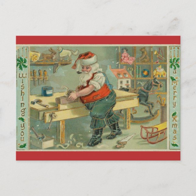 Vintage Werkstatt Santa Postkarte (Vorderseite)
