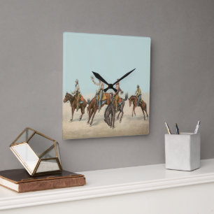 Vintage Western 4 Cowboys auf buckelnden Pferden Quadratische Wanduhr
