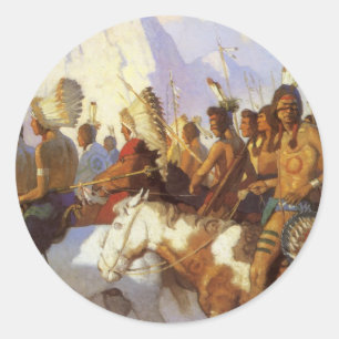 Vintage Western Art, Indianische Kriegspartei von Runder Aufkleber