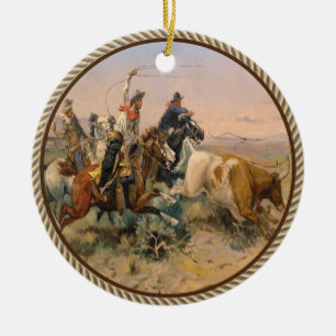 Vintage Western Cowboy beim Rinderope Keramik Ornament