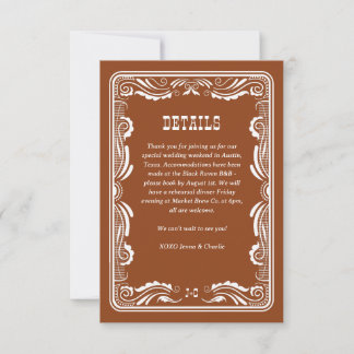 Vintage Western Cowboy Country Wedding Details RSVP Karte