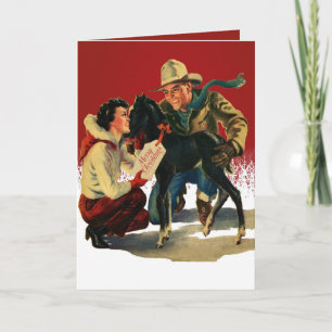 Vintage Western Cowboy Cowgirl Pferd Weihnachten Karte