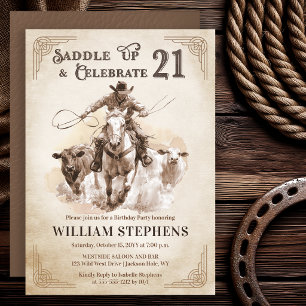 Vintage Western Cowboy Erwachsene 21. Geburtstagsf Einladung