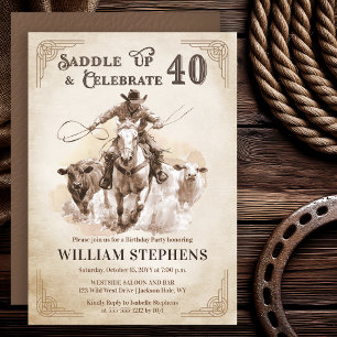 Vintage Western Cowboy Erwachsene 40. Geburtstagsf Einladung