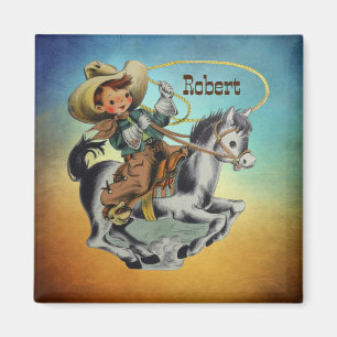 Vintage Western Cowboy-Kind auf Pferd mit Seil Magnet