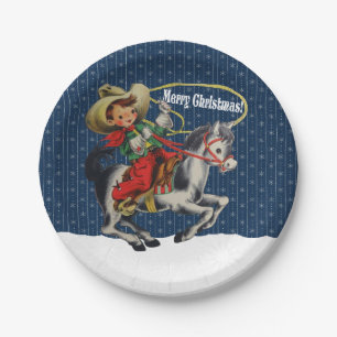 Vintage Western Cowboy Kind Pferd Seil Weihnachten Pappteller