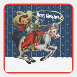 Vintage Western Cowboy Kind Pferd Seil Weihnachten Quadratischer Aufkleber