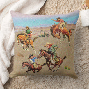 Vintage Western Cowboy Kinder auf Pferden  Kissen