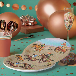 Vintage Western Cowboy Kinder auf Pferden Pappteller