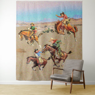 Vintage Western-Cowboy-Kinder auf Pferden Wandteppich